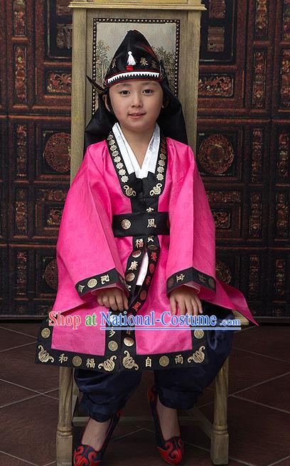 Traditional Korean National Top Grade Handmade Court Embroidered Costume, Asian Korean Boys Rosy Hanbok Clothing for Kids