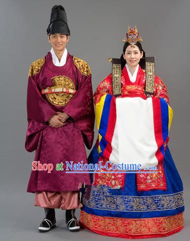 Traditional Korean National Handmade Court Embroidered Wedding Clothing, Asian Korean Bride Red Dress Costume for Women