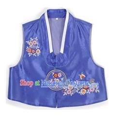 Traditional Korean Handmade Hanbok Blue Embroidered Vest, Asian Korean Apparel Hanbok Embroidery Bride Waistcoat for Girls