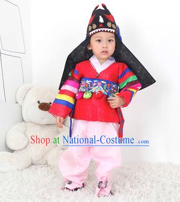 Traditional Korean Handmade Hanbok Embroidered Red Costume, Asian Korean Apparel Hanbok Embroidery Clothing for Boys