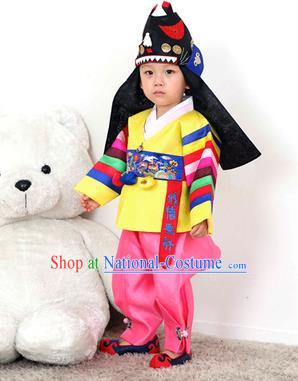 Traditional Korean Handmade Hanbok Embroidered Yellow Costume, Asian Korean Apparel Hanbok Embroidery Clothing for Boys