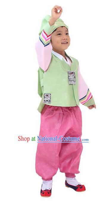 Traditional Korean Handmade Hanbok Embroidered Green Formal Occasions Costume, Asian Korean Apparel Hanbok Clothing for Boys