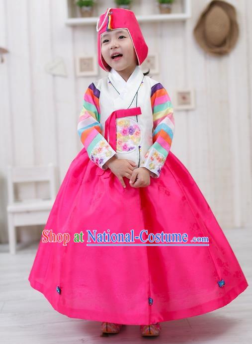 Traditional Korean Handmade Formal Occasions Embroidered Girls Costume, Asian Korean Apparel Bride Hanbok Rosy Dress Clothing for Kids