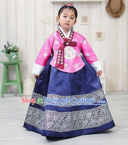 Traditional Korean Handmade Formal Occasions Embroidered Girls Costume, Asian Korean Apparel Bride Hanbok Navy Dress Clothing for Kids