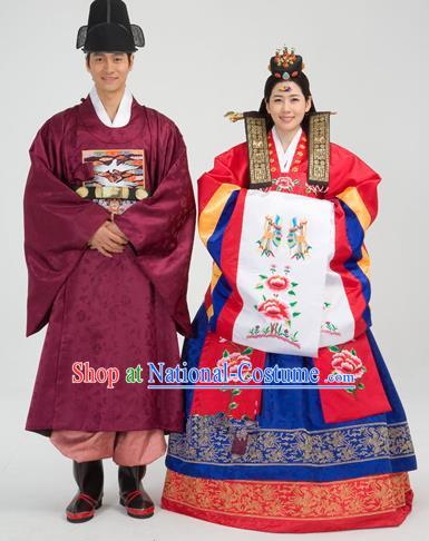 Traditional Korean Handmade Formal Occasions Embroidered Palace Wedding Couple Hanbok Complete Set