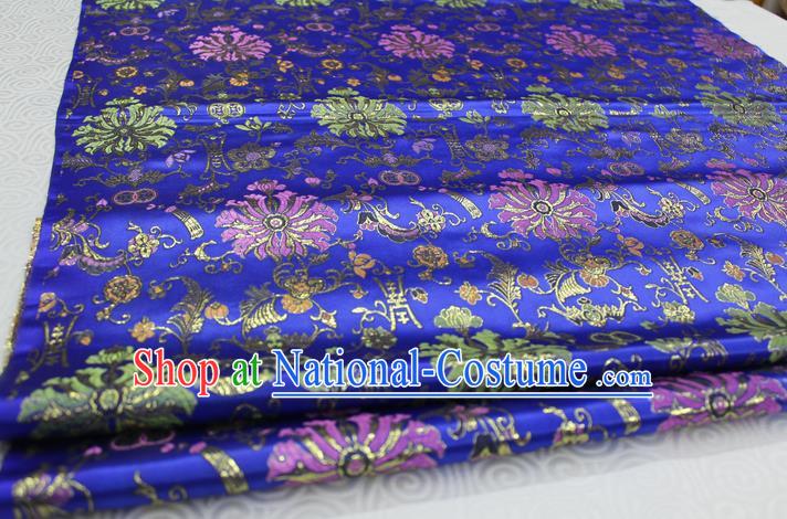 Chinese Traditional Ancient Costume Palace Flowers Pattern Cheongsam Royalblue Brocade Tang Suit Satin Mongolian Robe Fabric Hanfu Material