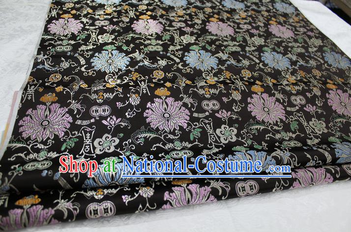 Chinese Traditional Clothing Palace Pattern Cheongsam Black Brocade Ancient Costume Mongolian Robe Satin Fabric Hanfu Material