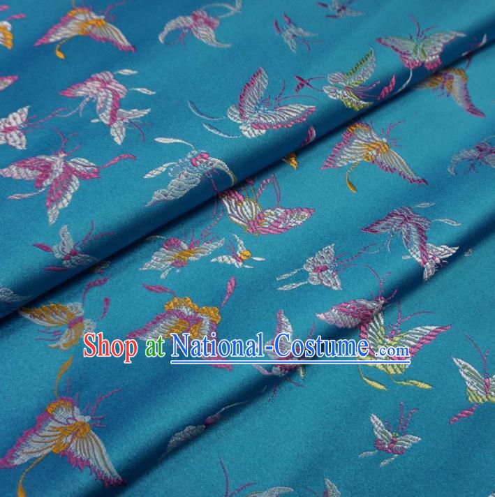 Chinese Traditional Royal Palace Butterfly Pattern Design Blue Brocade Fabric Ancient Costume Tang Suit Cheongsam Hanfu Material