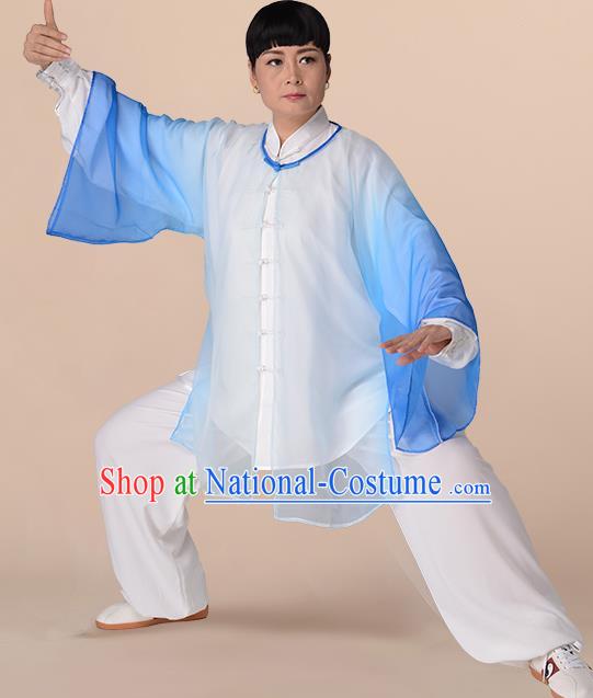 Traditional Chinese Kung Fu Costume Gradient Blue Chiffon Cloak, China Martial Arts Tai Ji Mantillas Clothing for Women