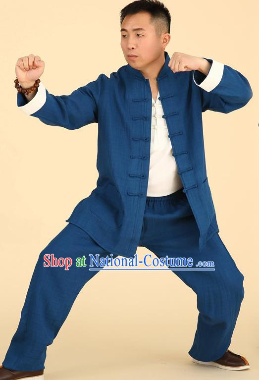 Traditional Chinese Kung Fu Blue Linen Costume, China Martial Arts Uniform Tai Ji Tang Suit Clothing for Men