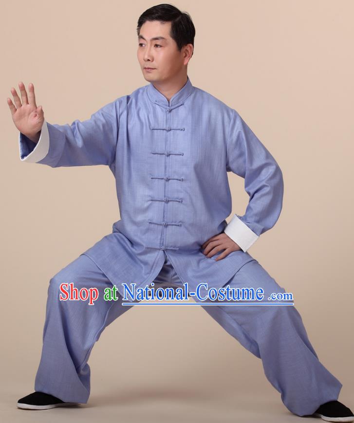 Traditional Chinese Kung Fu Blue Linen Costume, China Martial Arts Uniform Tai Ji Tang Suit Clothing for Men