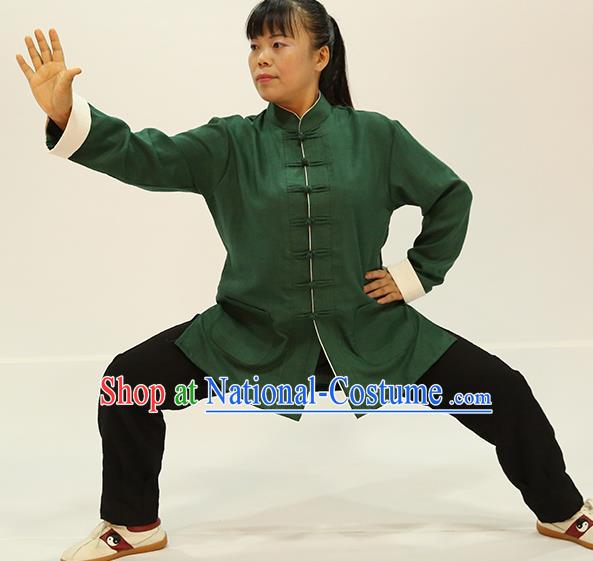 Traditional Chinese Kung Fu Green Linen Costume, China Martial Arts Uniform Tai Ji Tang Suit Plated Buttons Clothing for Women