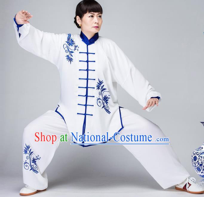 Traditional Chinese Kung Fu Embroidered Costume, China Martial Arts White Uniform Tai Ji Tang Suit Plated Buttons Clothing for Women