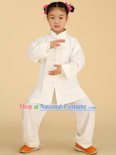 Chinese Kung Fu Linen Plated Buttons Costume, Traditional Martial Arts Tai Ji White Long Sleeve Uniform for Kids