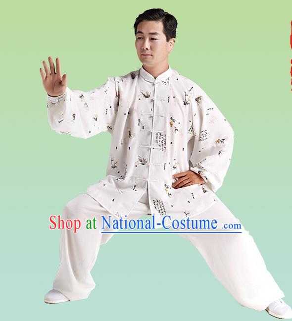 Top Grade Chinese Linen Kung Fu Costume, China Traditional Martial Arts Kung Fu Taiji Training Printing Uniform for Adult