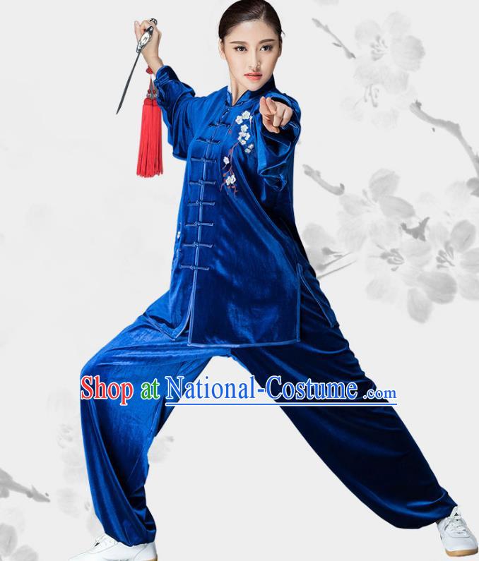 Traditional Chinese Kung Fu Royalblue Velvet Embroidered Costume, China Martial Arts Tai Ji Uniform Clothing for Women