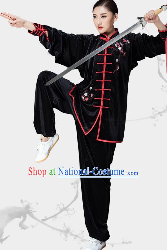 Traditional Chinese Kung Fu Black Velvet Embroidered Costume, China Martial Arts Tai Ji Uniform Clothing for Women