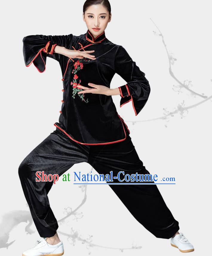 Traditional Chinese Kung Fu Black Velvet Embroidered Flowers Costume, China Martial Arts Tai Ji Slant Opening Clothing for Women