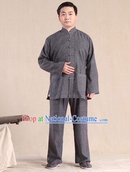 Traditional Chinese Kung Fu Grey Linen Costume, China Martial Arts Uniform Tai Ji Tang Suit Plated Buttons Clothing for Men