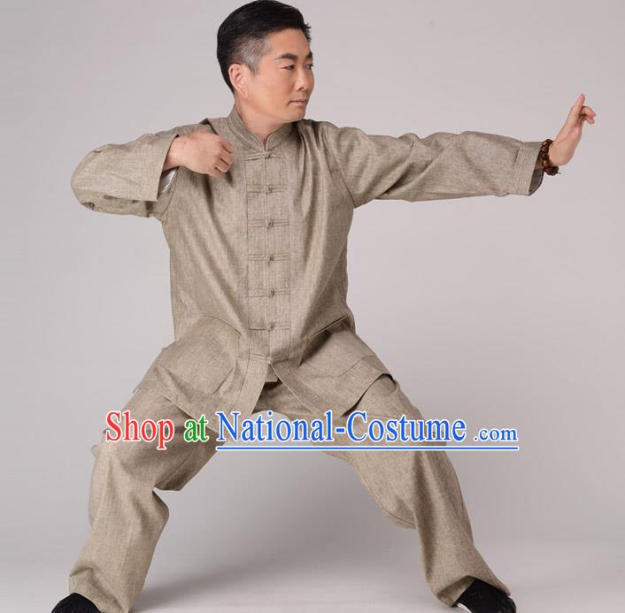 Traditional Chinese Kung Fu Khaki Linen Costume, China Martial Arts Uniform Tai Ji Tang Suit Plated Buttons Clothing for Men