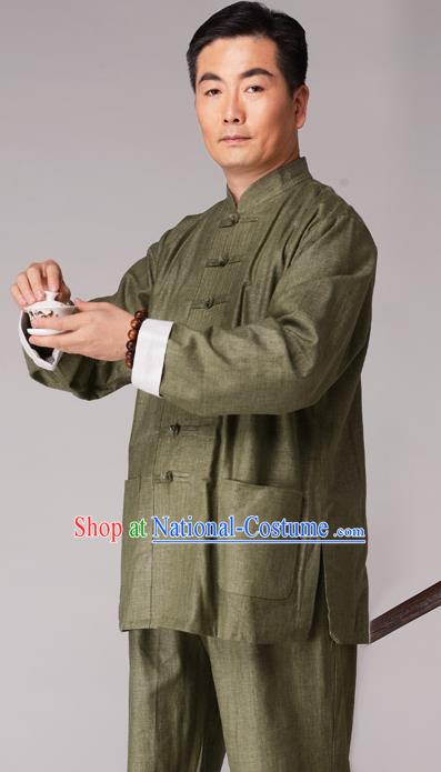 Traditional Chinese Kung Fu Green Linen Costume, China Martial Arts Uniform Tai Ji Tang Suit Plated Buttons Clothing for Men