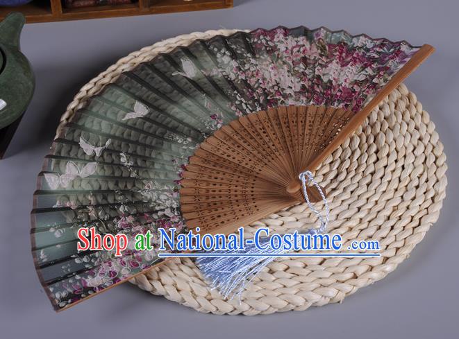 Traditional Chinese Crafts Printing Butterfly Atrovirens Silk Folding Fan China Oriental Fans for Women