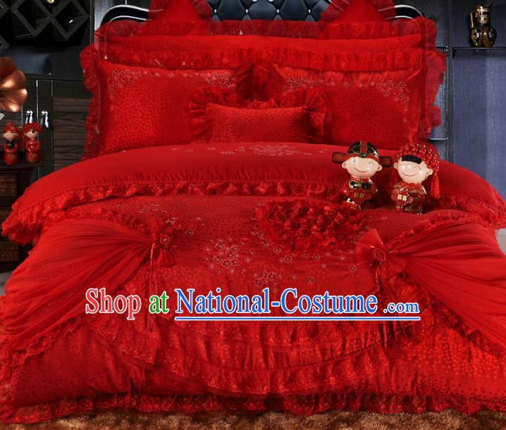 Traditional Chinese Wedding Red Lace Satin Qulit Cover Bedding Sheet Four-piece Duvet Cover Textile Complete Set