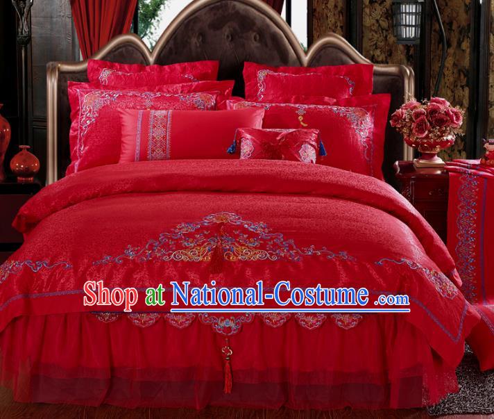 Traditional Chinese Wedding Red Satin Qulit Cover Bedding Sheet Embroidered Four-piece Duvet Cover Textile Complete Set