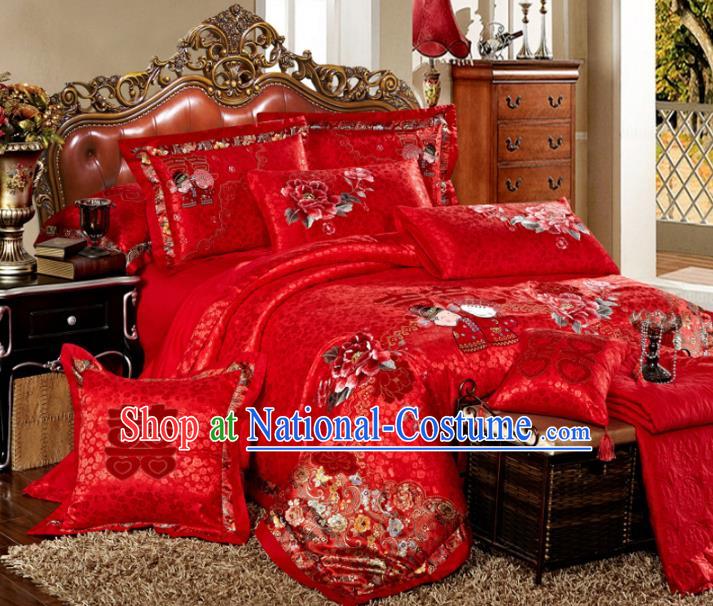 Traditional Chinese Wedding Red Satin Qulit Cover Bedding Sheet Embroidered Peony Ten-piece Duvet Cover Textile Complete Set