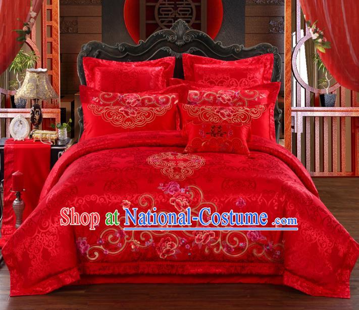 Traditional Chinese Wedding Red Satin Qulit Cover Bedding Sheet Embroidered Peony Ten-piece Duvet Cover Textile Complete Set