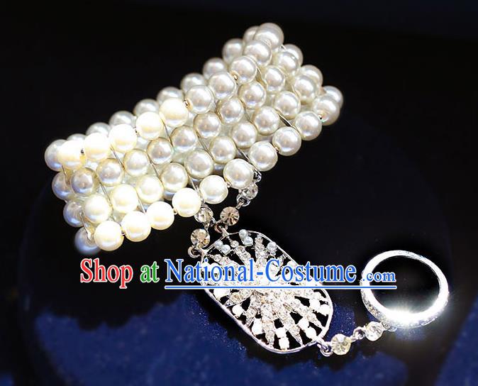 Chinese Traditional Bride Jewelry Accessories Baroque Princess Pearls Bracelets with Rings for Women