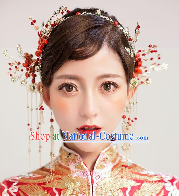 Chinese Traditional Bride Hair Jewelry Accessories Palace Xiuhe Suit Chinese Knots Hairpins Wedding Tassel Phoenix Coronet for Women