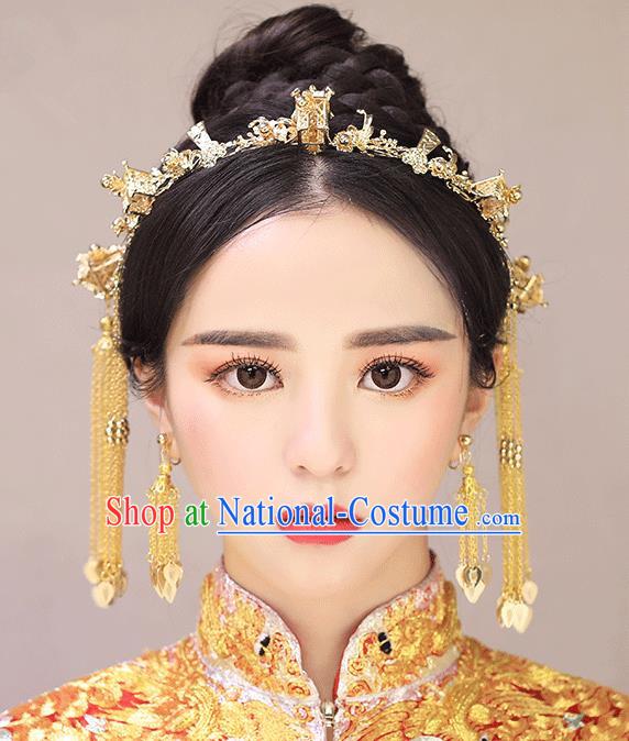 Chinese Traditional Bride Hair Accessories Palace Queen Xiuhe Suit Golden Tassel Phoenix Coronet Wedding Hairpins for Women