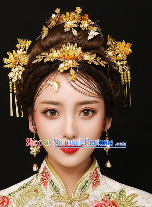 Chinese Traditional Bride Hair Accessories Palace Queen Xiuhe Suit Golden Lotus Phoenix Coronet Wedding Hairpins for Women