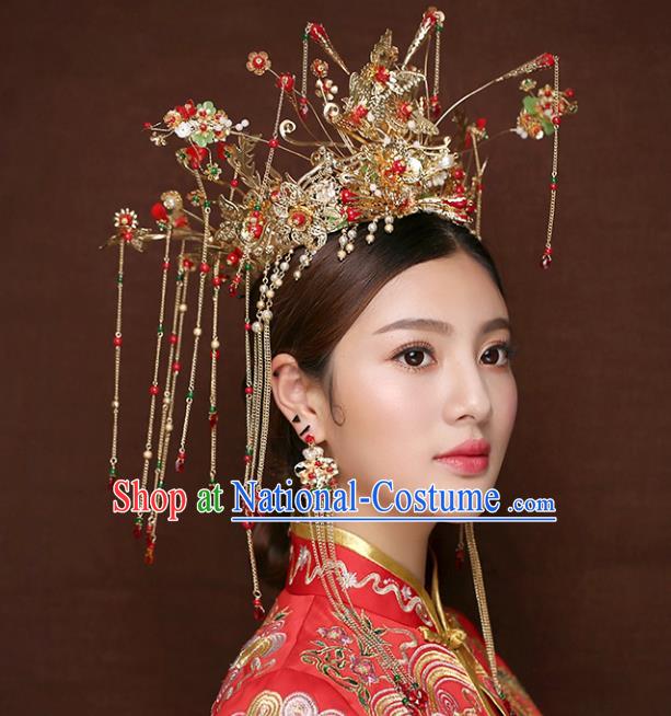 Chinese Traditional Bride Hair Accessories Xiuhe Suit Step Shake Wedding Hairpins Tassel Phoenix Coronet for Women