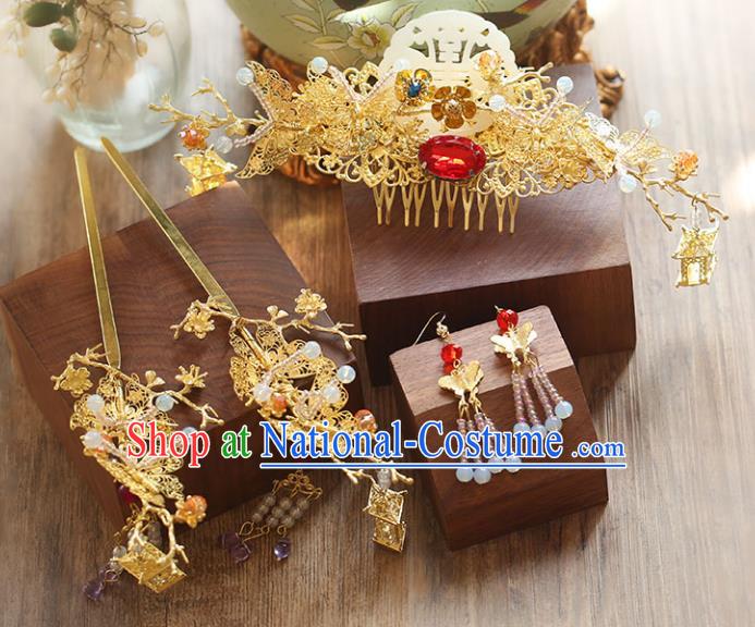 Chinese Traditional Bride Hair Accessories Xiuhe Suit Wedding Flowers Hairpins Hair Comb Complete Set for Women