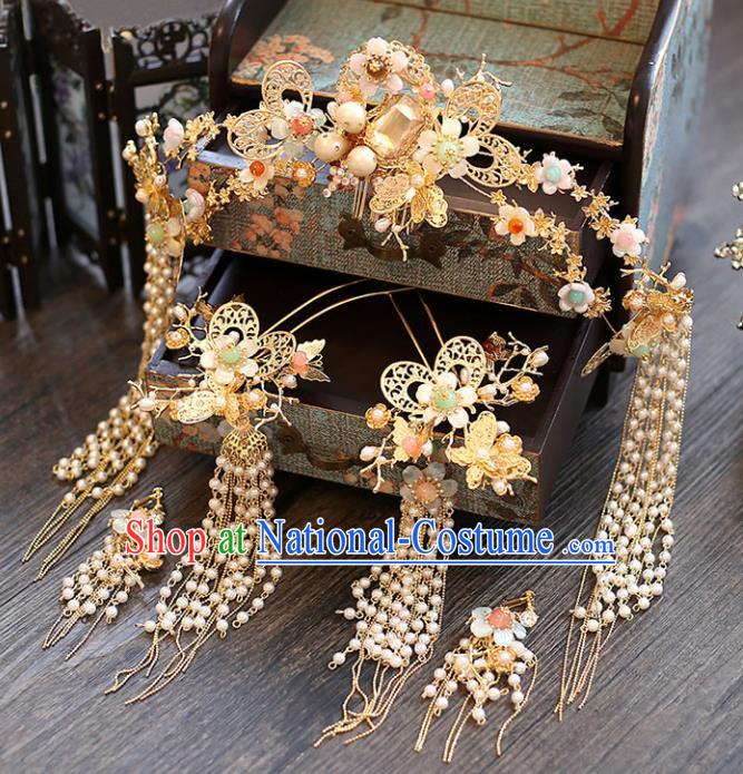 Chinese Traditional Bride Hair Accessories Xiuhe Suit Wedding Phoenix Coronet Tassel Butterfly Hairpins Complete Set for Women