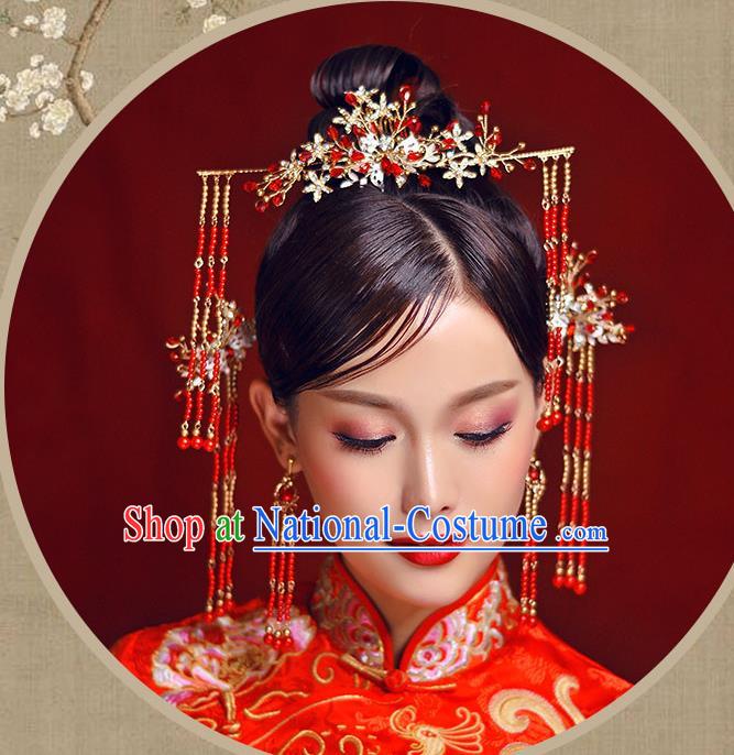 Chinese Traditional Bride Hair Accessories Xiuhe Suit Red Beads Tassel Step Shake Wedding Hairpins for Women