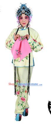 Chinese Beijing Opera Actress Embroidered Peony Costume, China Peking Opera Servant Girl Embroidery Light Yellow Clothing