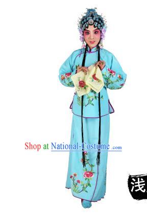 Chinese Beijing Opera Servant Girl Embroidered Light Blue Costume, China Peking Opera Actress Embroidery Clothing