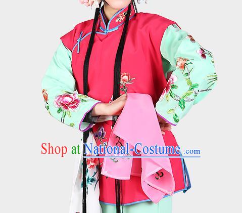 Chinese Beijing Opera Servant Girl Costume Embroidered Rosy Vest, China Peking Opera Actress Embroidery Waistcoat Clothing