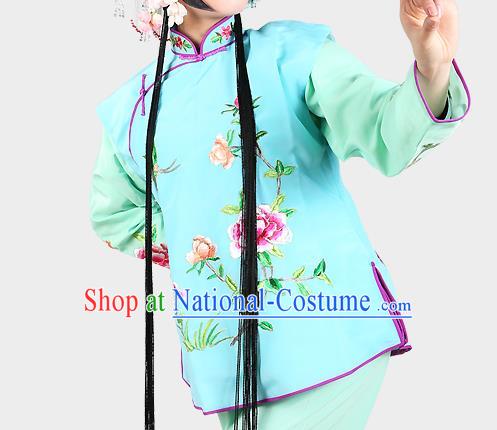 Chinese Beijing Opera Servant Girl Costume Embroidered Light Blue Vest, China Peking Opera Actress Embroidery Waistcoat Clothing