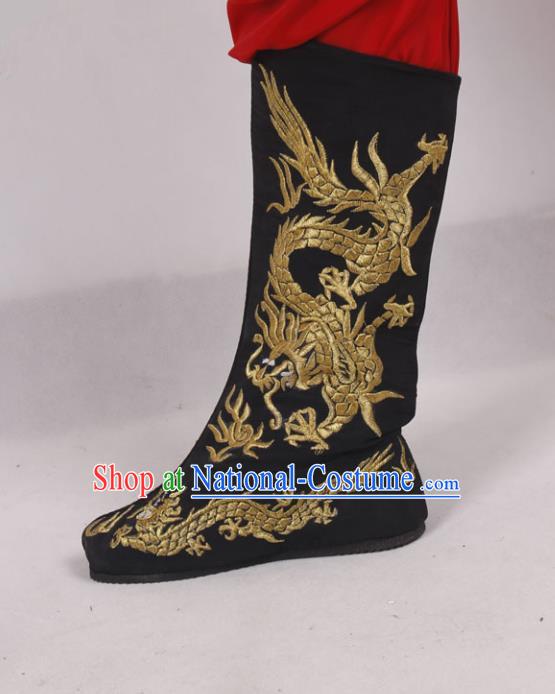 Asian Chinese Beijing Opera Niche Embroidered Dragon Shoes, Traditional China Peking Opera Young Men Hanfu Black Boots