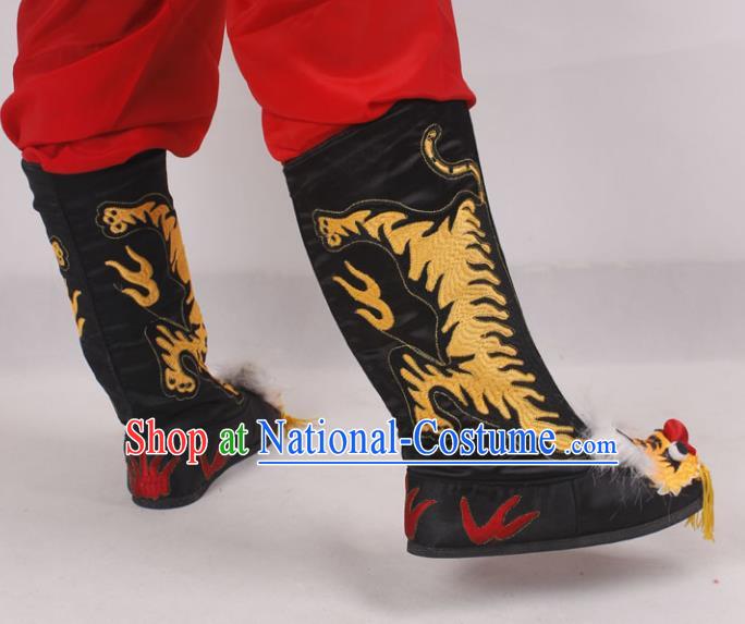 Asian Chinese Beijing Opera Takefu Embroidered Tiger Shoes, Traditional China Peking Opera Young Men Hanfu Black Boots