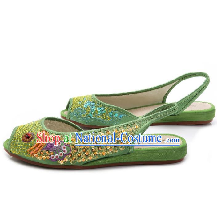 Traditional Chinese National Bride Green Paillette Embroidered Sandal, China Handmade Embroidery Flowers Peep-toe Shoes for Women