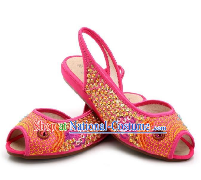 Traditional Chinese National Bride Rosy Paillette Embroidered Sandal, China Handmade Embroidery Flowers Peep-toe Shoes for Women