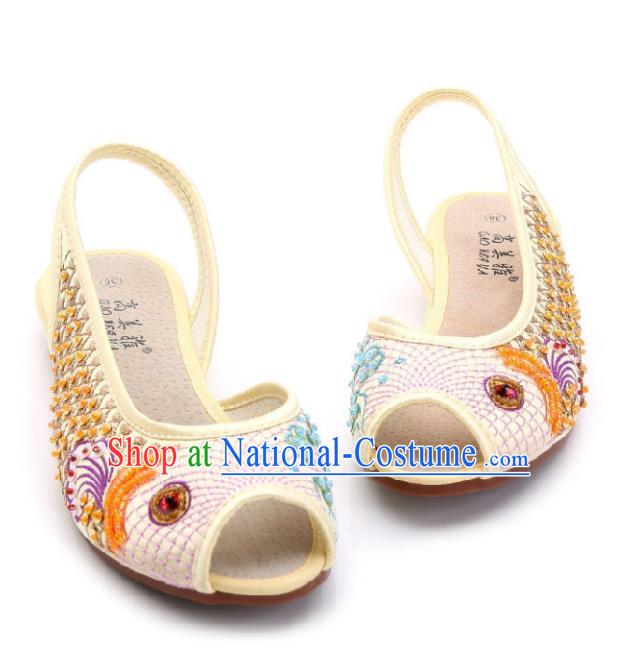 Traditional Chinese National Bride Beige Paillette Embroidered Sandal, China Handmade Embroidery Flowers Peep-toe Shoes for Women