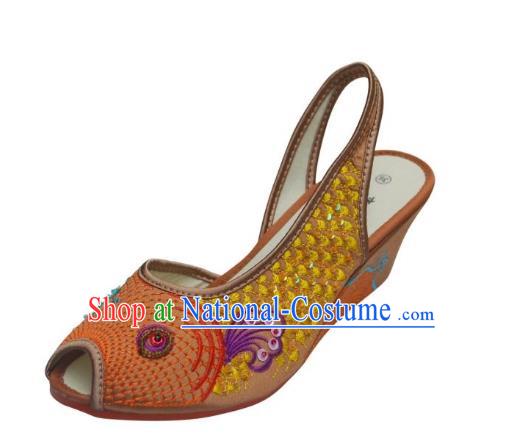 Traditional Chinese National Bride Yellow Paillette Embroidered Sandal, China Handmade Embroidery Flowers Peep-toe Shoes for Women