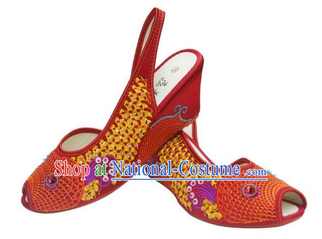 Traditional Chinese National Bride Rosy Paillette Embroidered Sandal, China Handmade Embroidery Flowers Peep-toe Shoes for Women