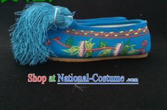 Traditional Chinese Ancient Blue Blood Stained Shoes, China Handmade Peking Opera Diva Hanfu Embroidery Shoes for Women